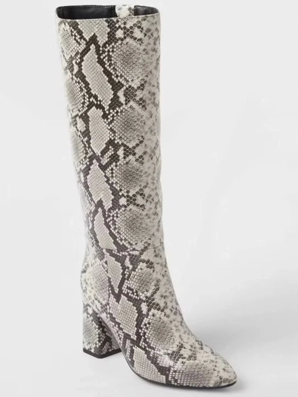 Sexy Snake-Print Knee-High Block Heel Boots - White/Gray/Black